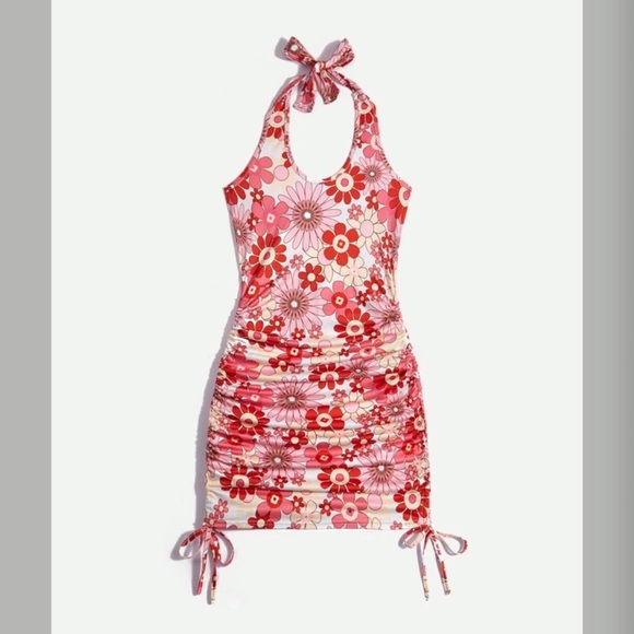 Floral drawstring ruched halter dress - Picture 1 of 1